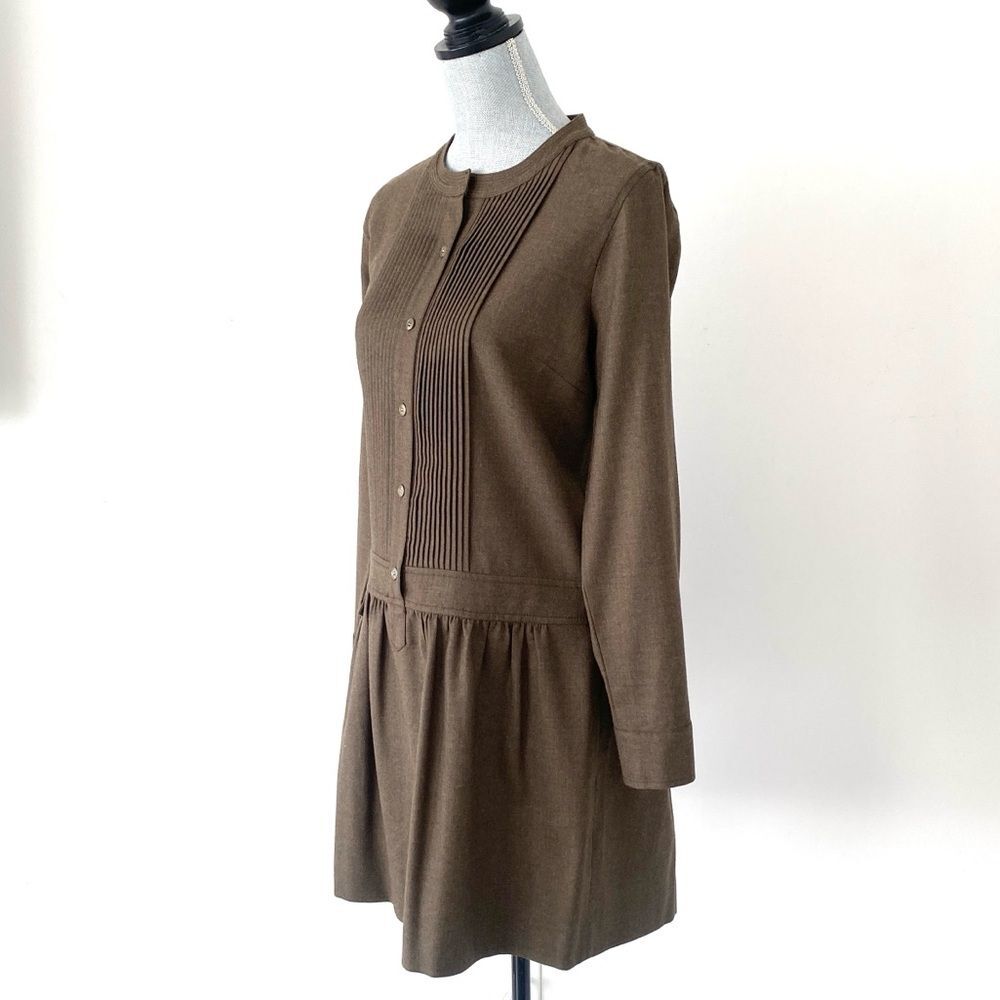 J.Crew Pin Tucked Dropped Waist Long Sleeve Wool Dress in Olive Sz 8 Military - Picture 2 of 12